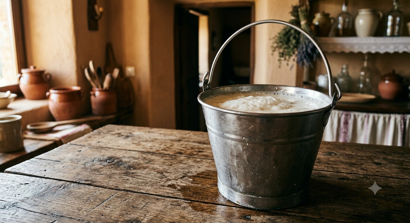 Cubo de leche recién ordeñada, primer paso de la elaboración artesanal